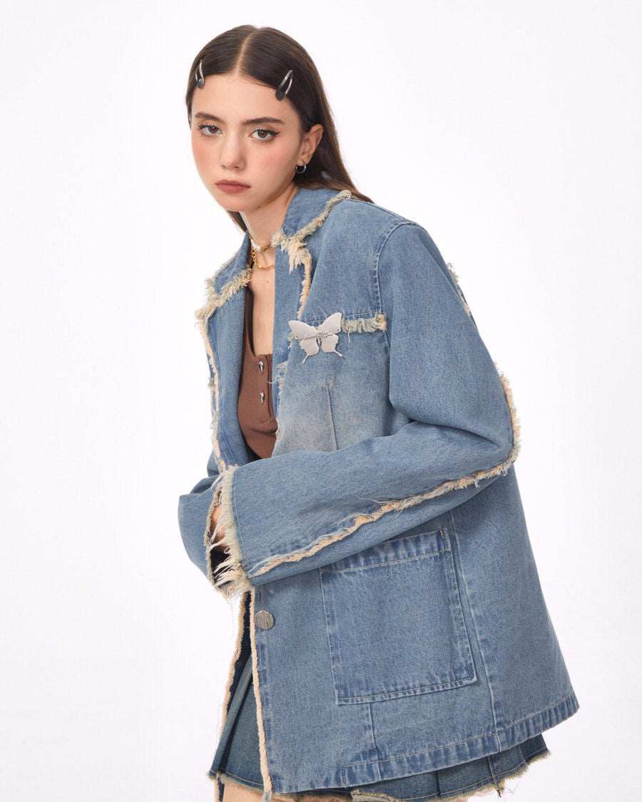 distressed denim blazer in blue