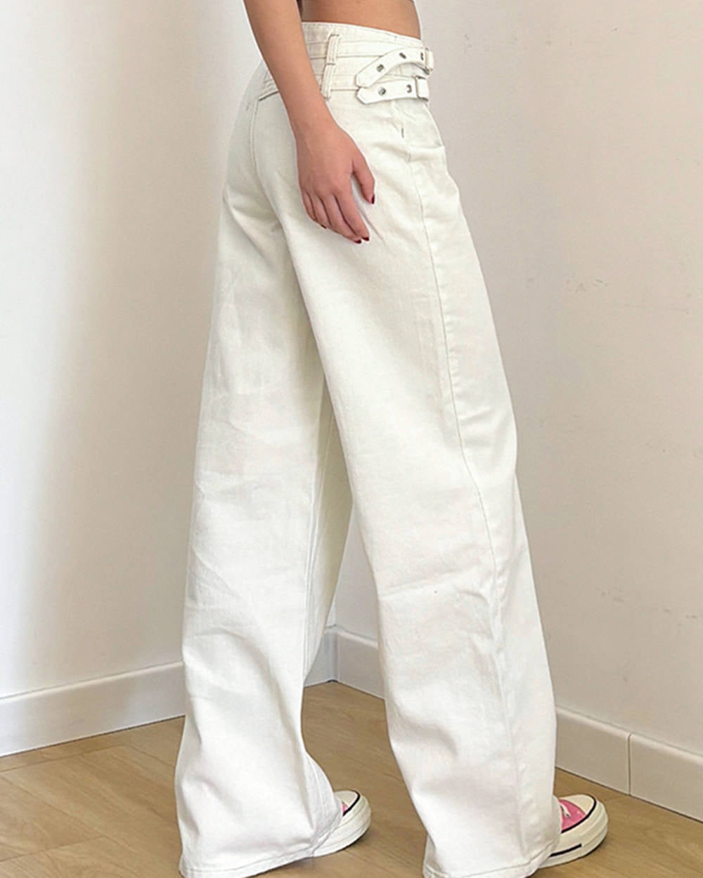double buckle wide leg jeans