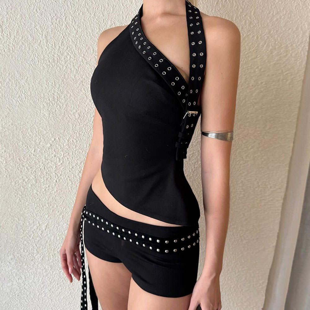 grunge asymmetric top & mini shorts co ord