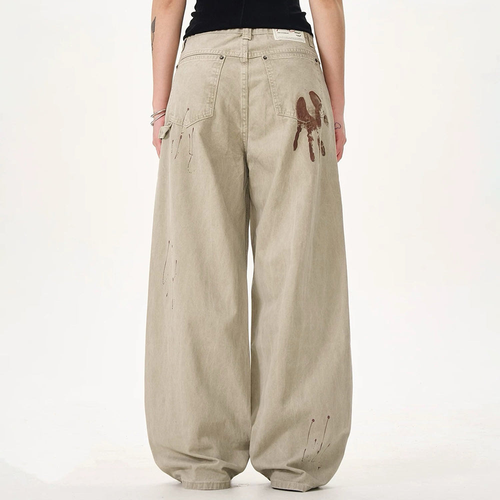 handprint wide leg jeans
