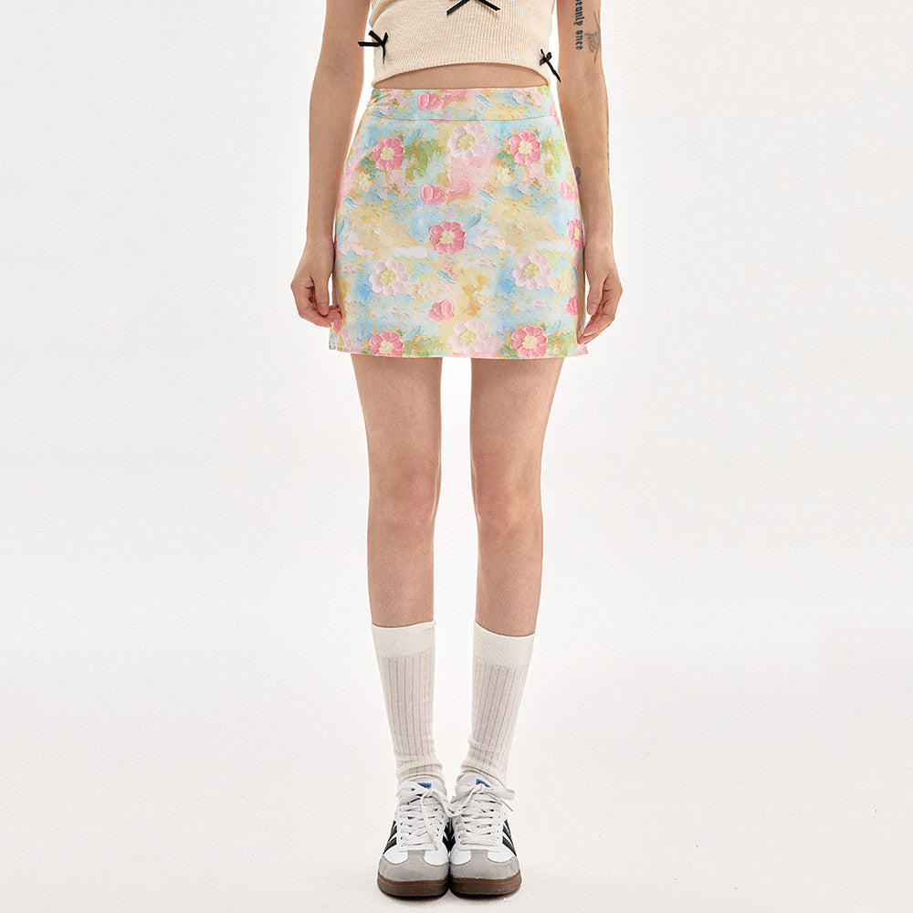 pastel brushstroke floral mini skirt