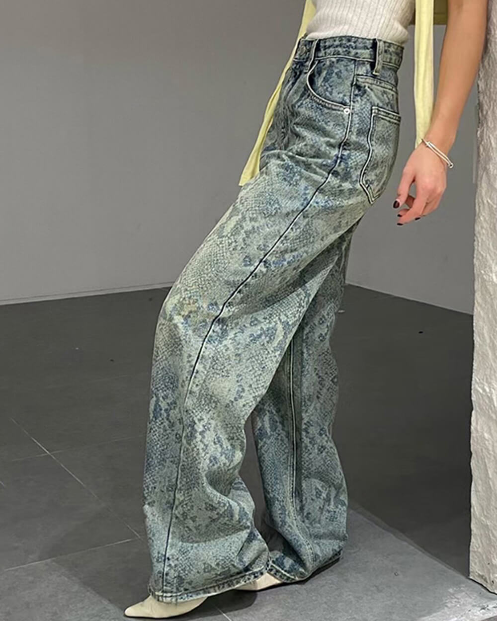 snake print straight leg jeans